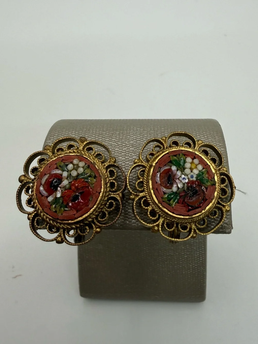 Vintage FAP Italian Micro Mosaic Floral Screwback Earrings Ornate Filigree